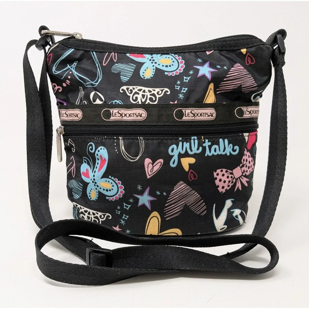 LeSportsac Girl Talk Double Zipper Crossbody Bag Purse Black Graphic